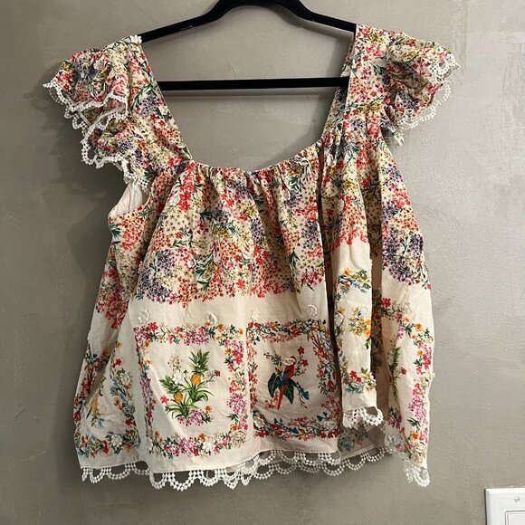 Farm Rio Delicate Forest Scarves Square Neck Embroidered Blouse - Picture 2 of 5